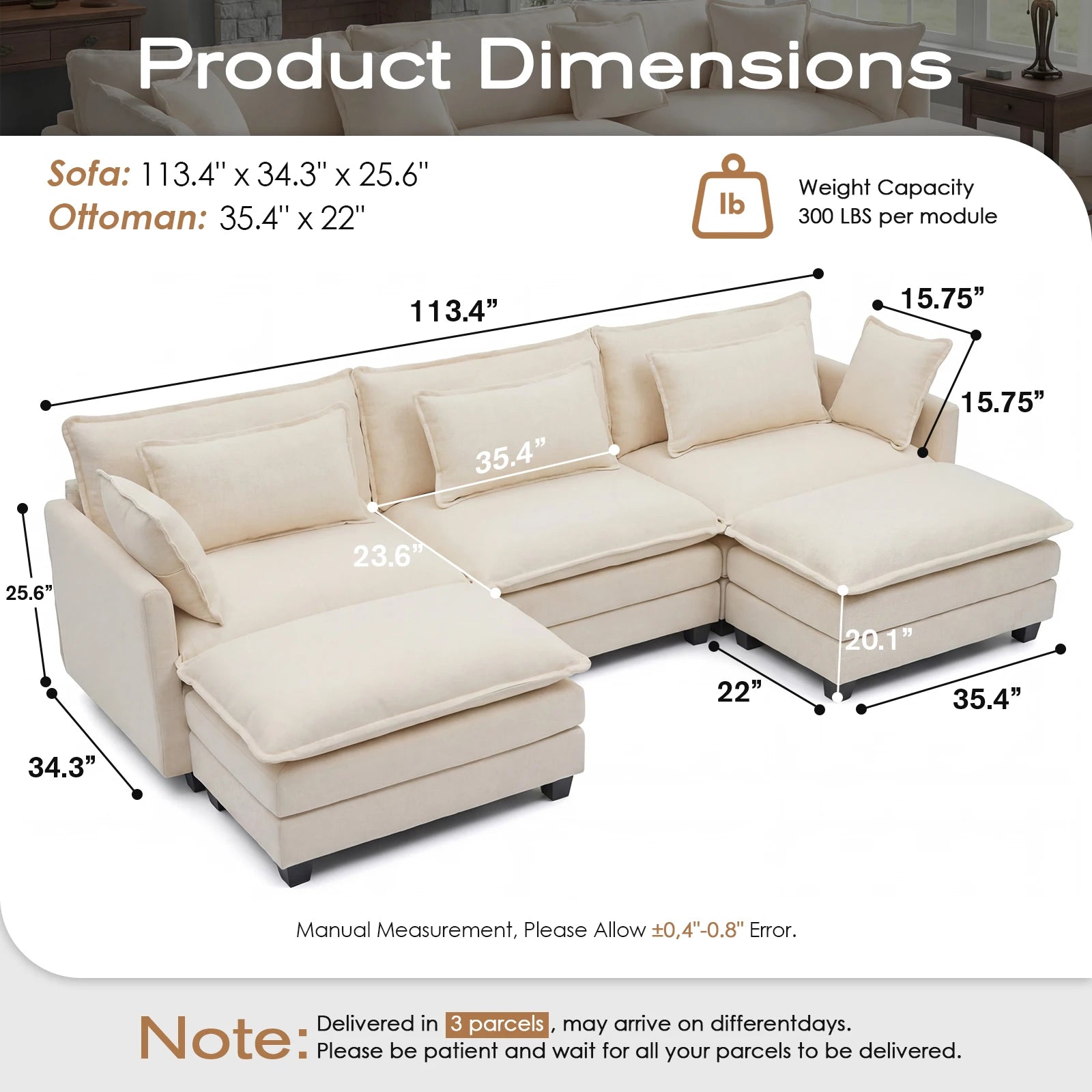 Modular Sectional Sofa with Ottoman — Comfy Cloud Couch with Deep Seating