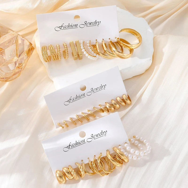 AY Geometric Hoop Earrings Set — Vintage Bohemian Pearl Drop Jewelry