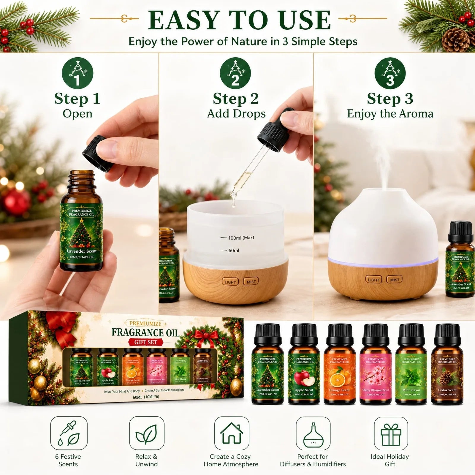 Christmas Fragrance Oil Gift Set — 6 Scented Essential Oils for Diffusers