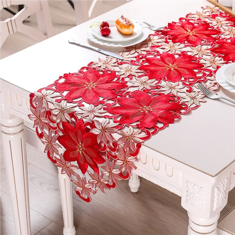 Christmas Floral Tablecloth — Festive Embroidered Table Runner Decor