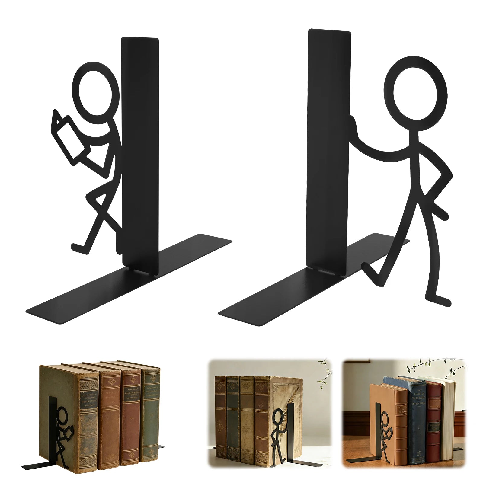 Metal Stick Figure Bookends — Decorative Heavy Duty Desktop Supports