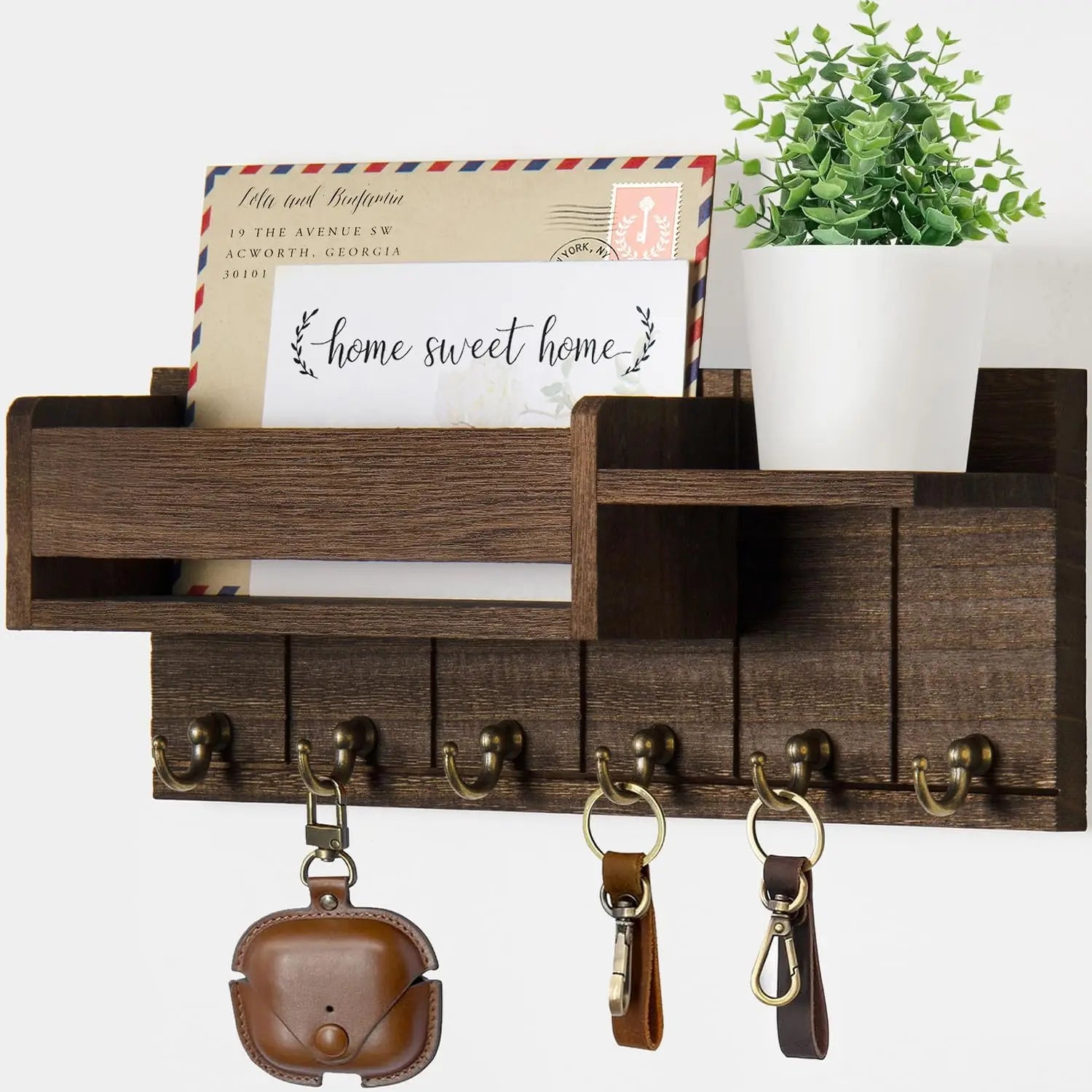 Wooden Wall Mounted Key Holder — Entryway Organizer with Shelf and 6 Hooks