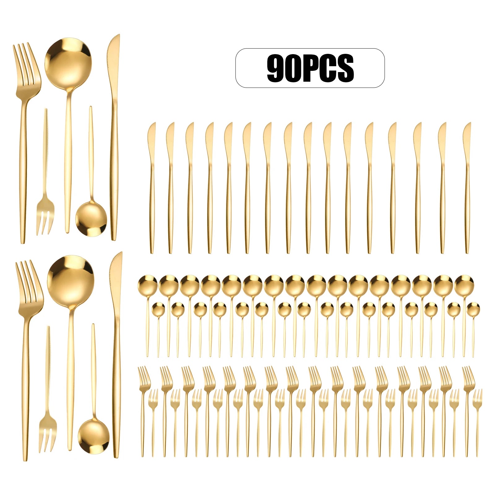 90-Piece Gold Stainless Steel Flatware Set — Heavy Duty Cutlery for Weddings & Buffets