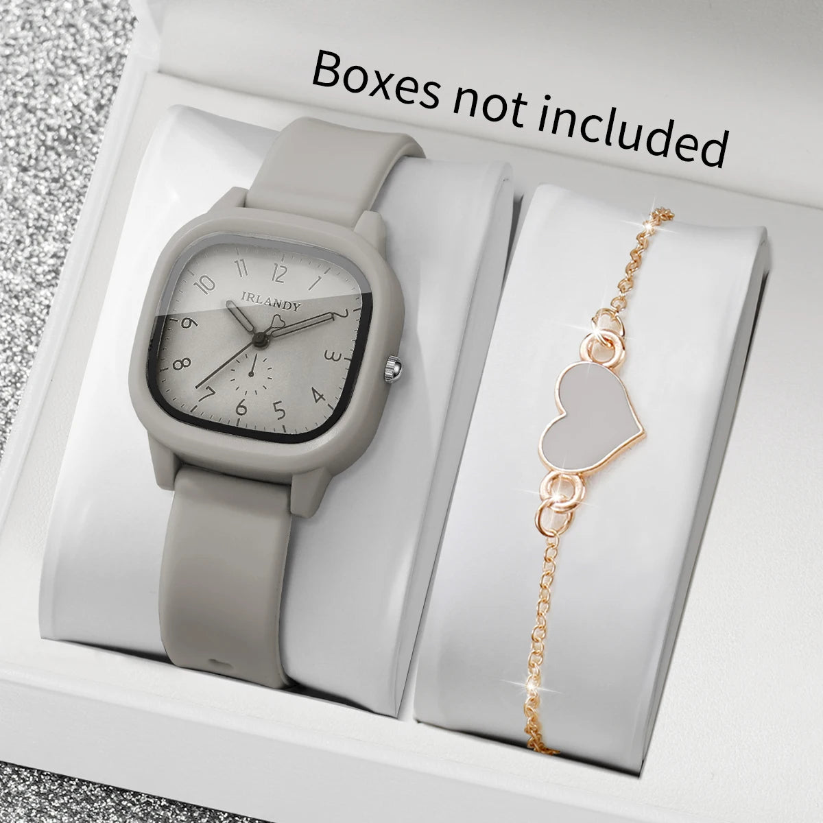 Women's Quartz Watch and Heart Bracelet Set — Square Dial with Silicone Strap