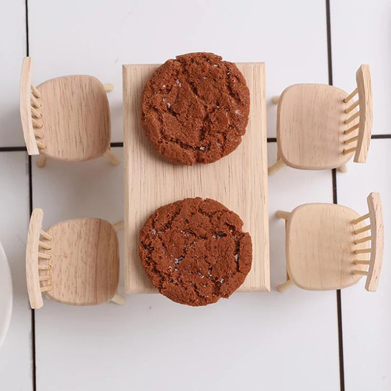 Miniature Dollhouse Dining Set — 1/12 Scale Wooden Table and Chair Decor
