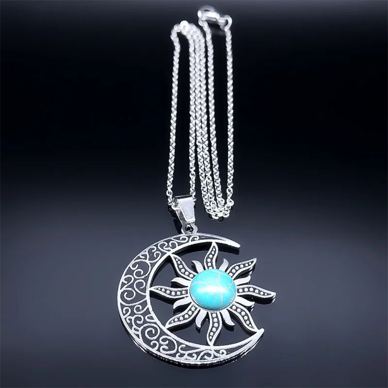 JYTF Moon and Sun Pendant Necklace — Vintage Stainless Steel Jewelry