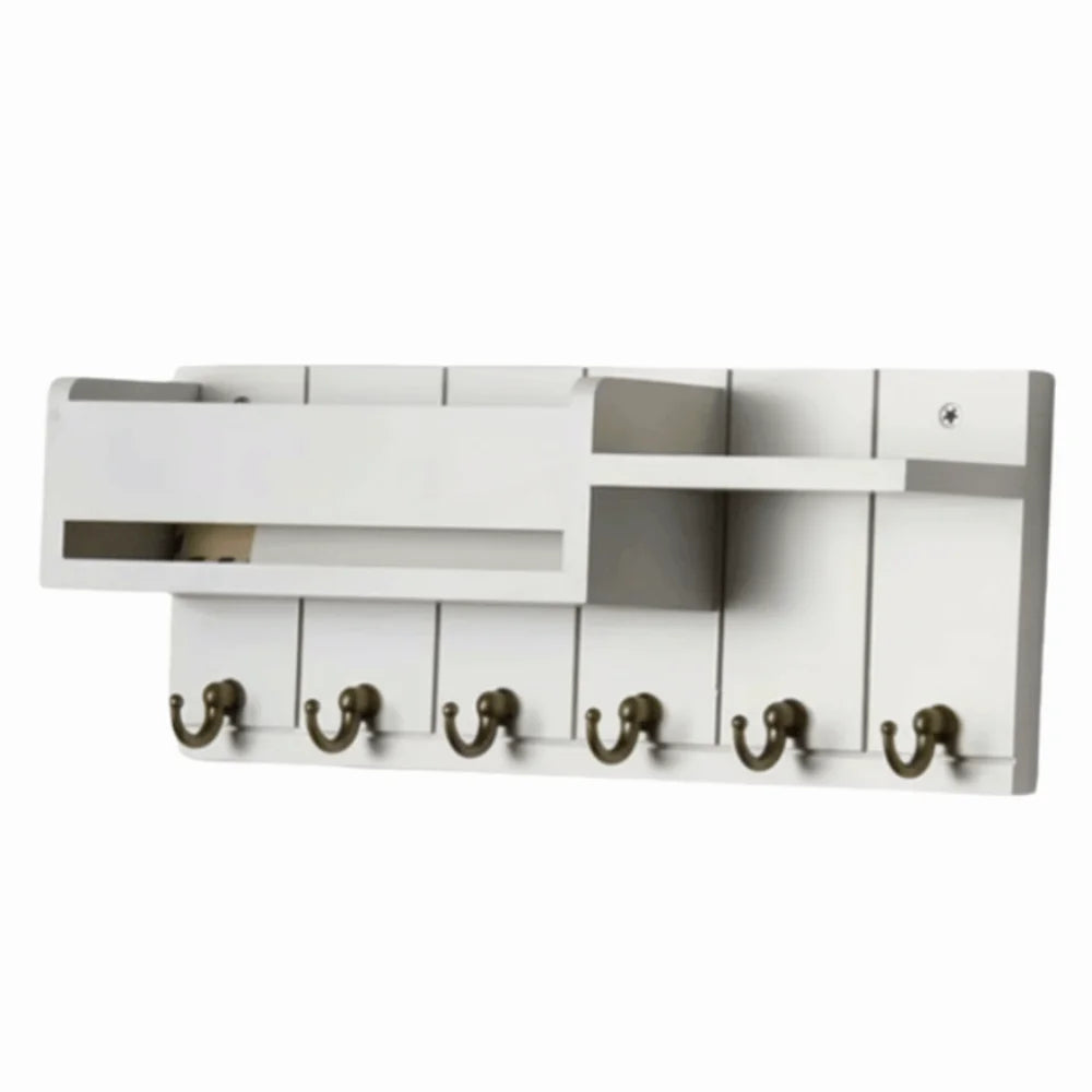 Wooden Wall Mount Key Holder — 6-Hook Organizer with Mail Sorter & Shelf