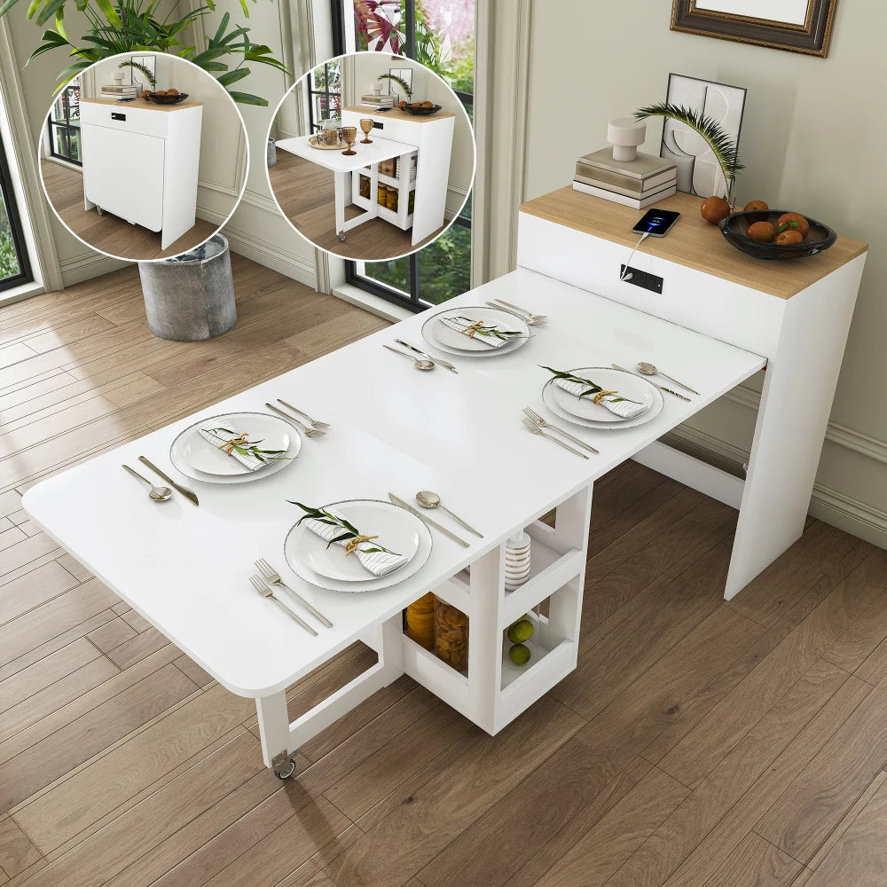 Orraves Extendable Dining Table — Space-Saving Kitchen Island with Power Socket