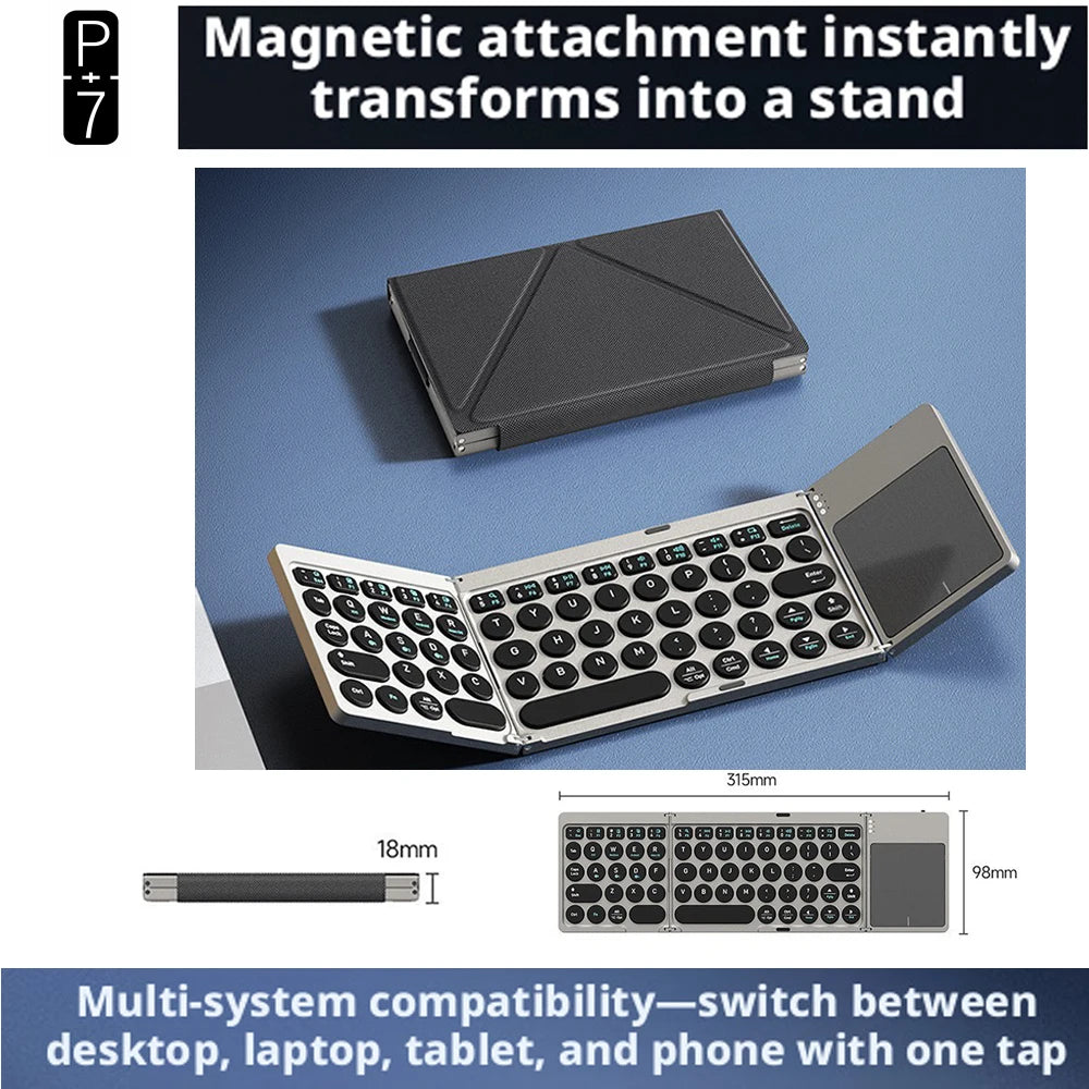 P+7 Three-Foldable Bluetooth Keyboard — Multi-Device Wireless Typing with Touchpad