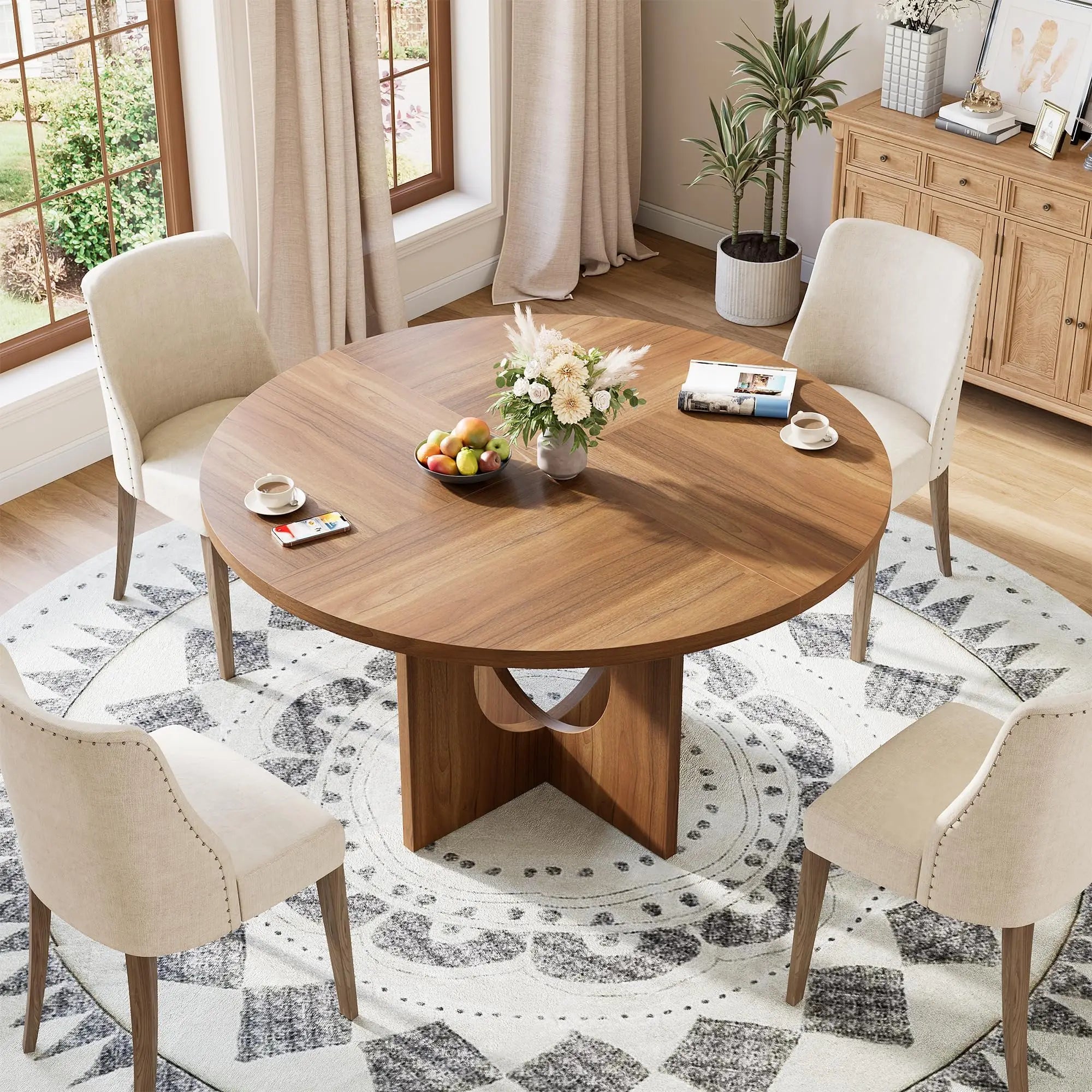 Round Wood Dining Table — 47-Inch Farmhouse Pedestal Table for 4-6 People