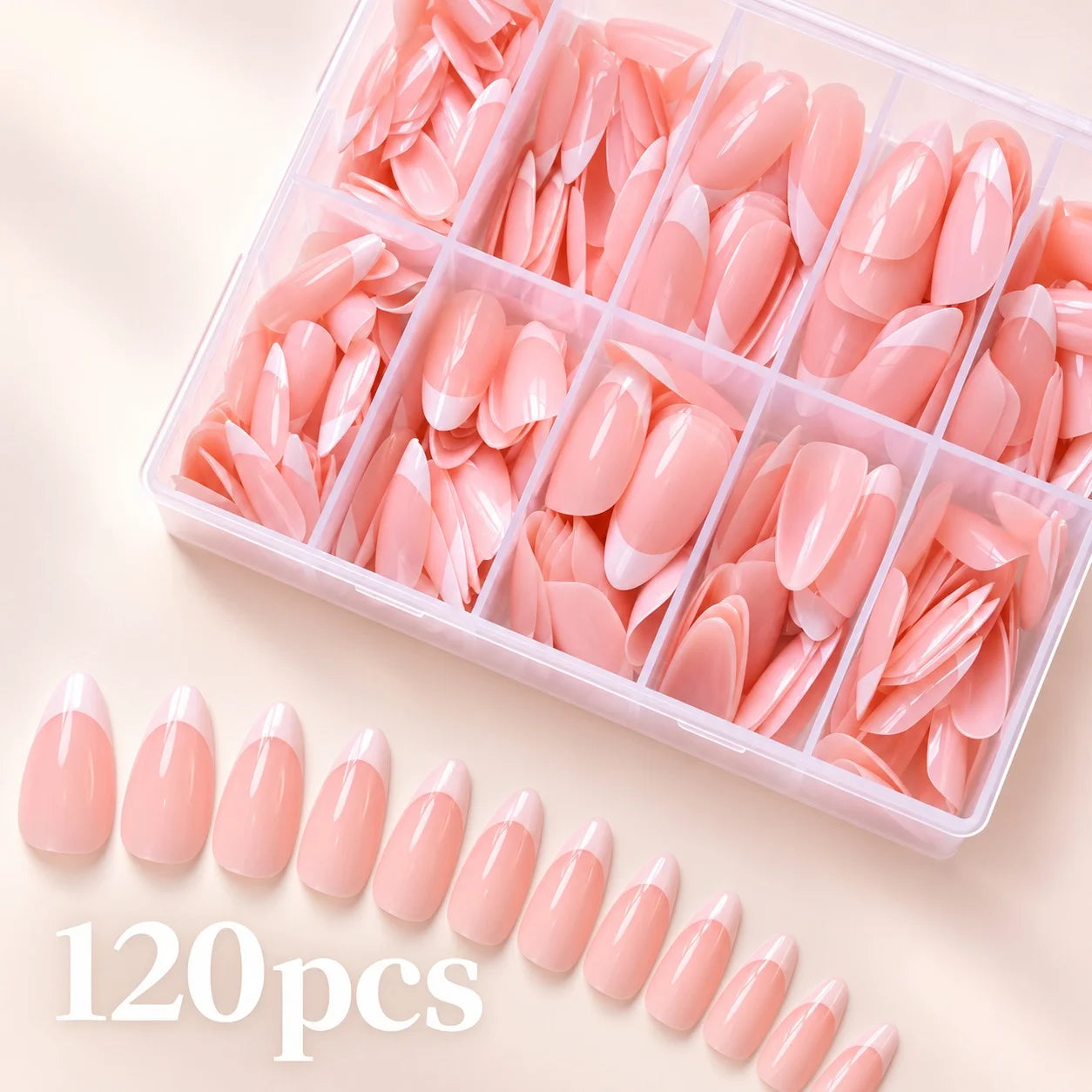 Almond French Tip Press On Nails — Elegant Nude and White Glossy Set