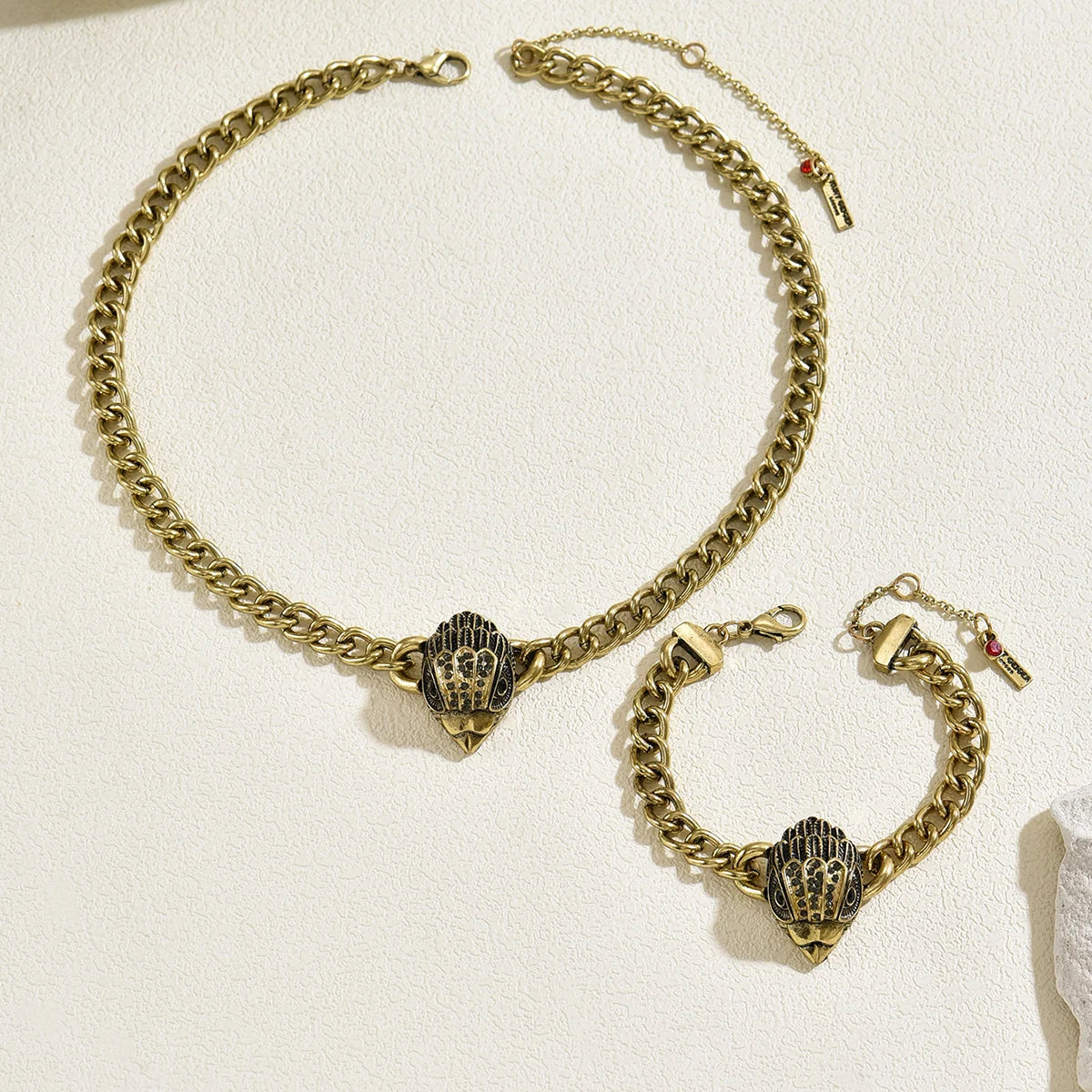 Obega Punk Eagle Head Jewelry Set — Antique Gold Curb Chain Set
