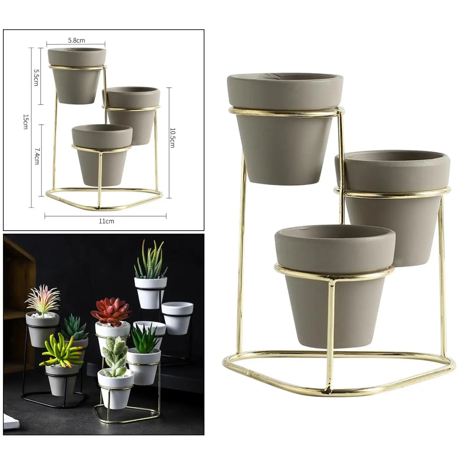 Kesoto Mini Ceramic Succulent Planter Set — Modern Pottery Pots with Metal Stand