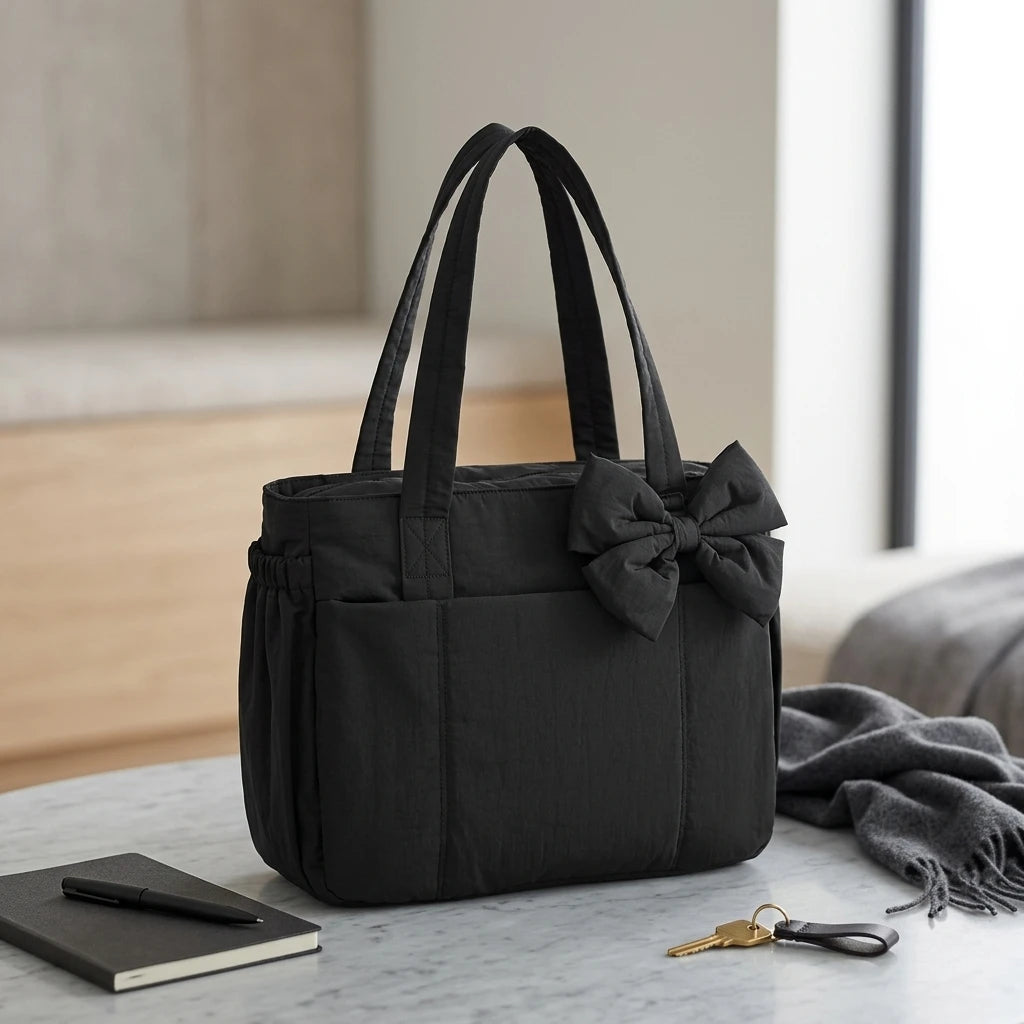 Padded Multi-Compartment Tote Bag — Water-Resistant Laptop Handbag with Bow