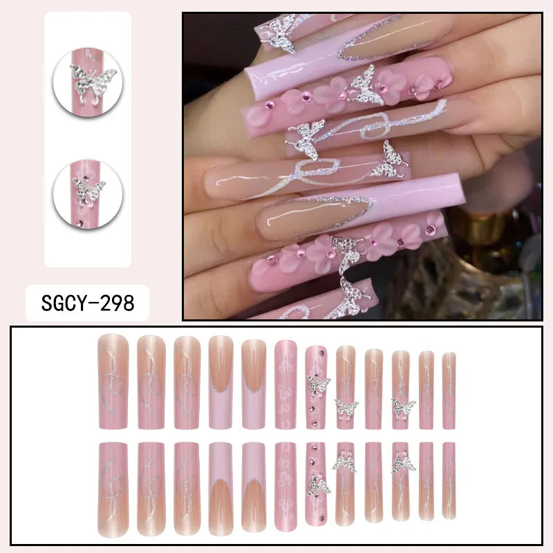 Ultra Long Coffin Press On Nails — 3D Butterfly & Floral Design, 24 Pieces