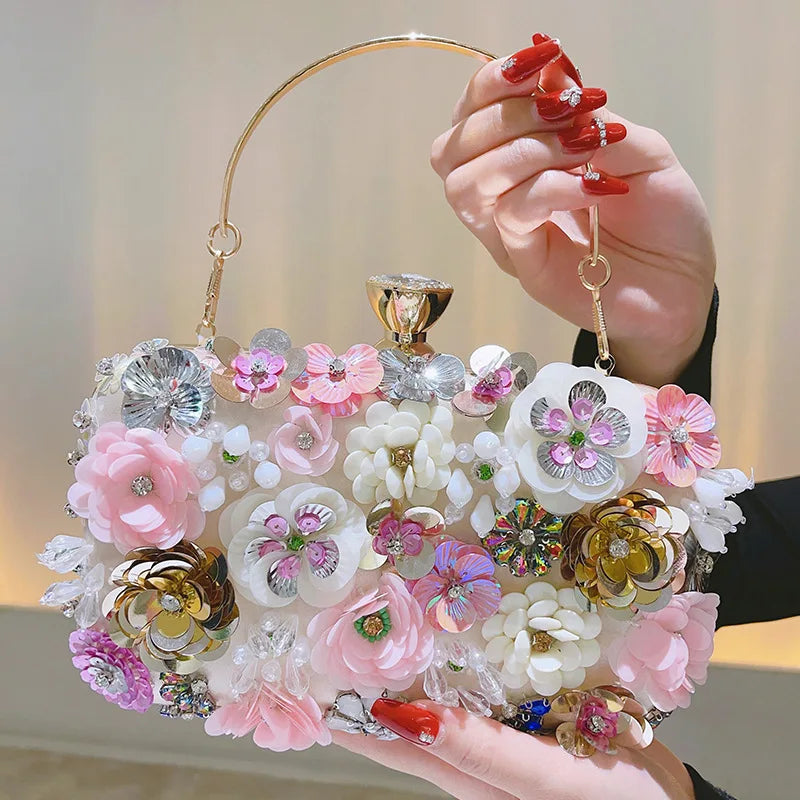 Elegant Floral Evening Clutch — Silk Handbag with Chain Strap