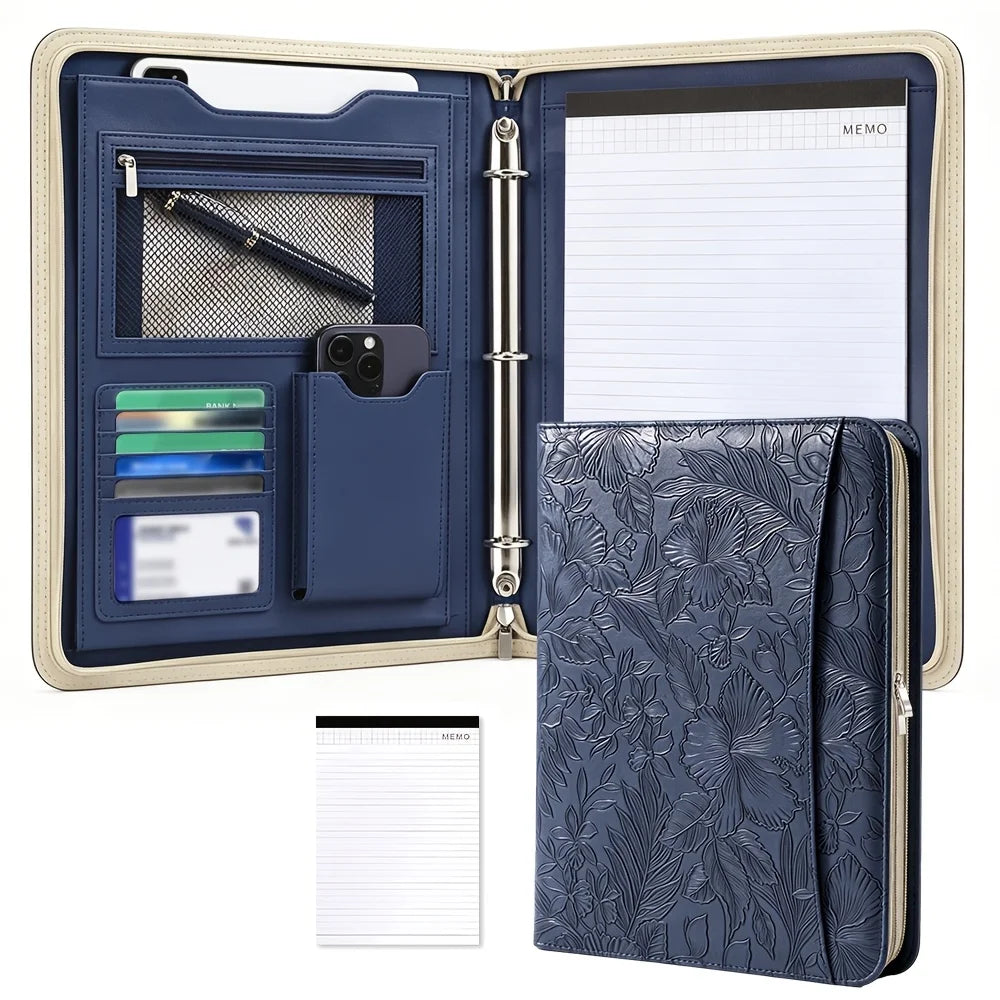 Embossed Faux Leather Padfolio — A4 Zipper Binder with Multi-Pocket Organization