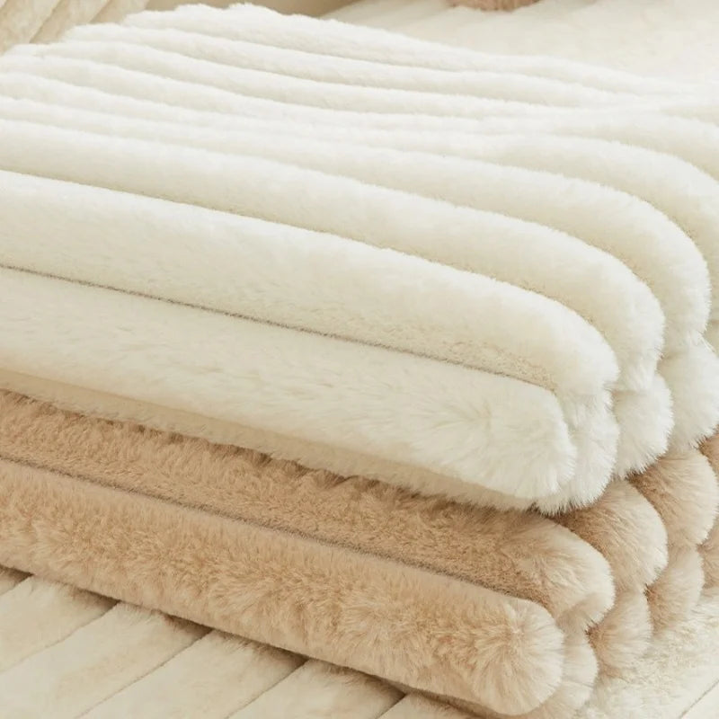 Plush Striped Sofa Cover — Soft Imitation Rabbit Fur Slipcover