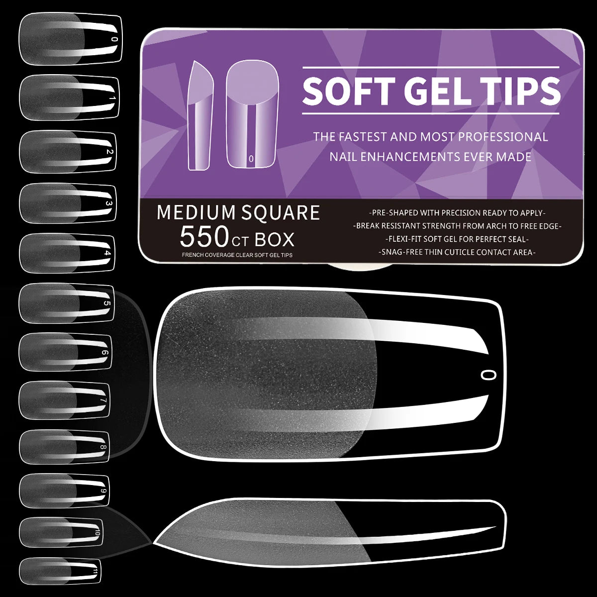 Soft Gel Nail Tips — Full Cover False Nail Extensions, 550 Pieces