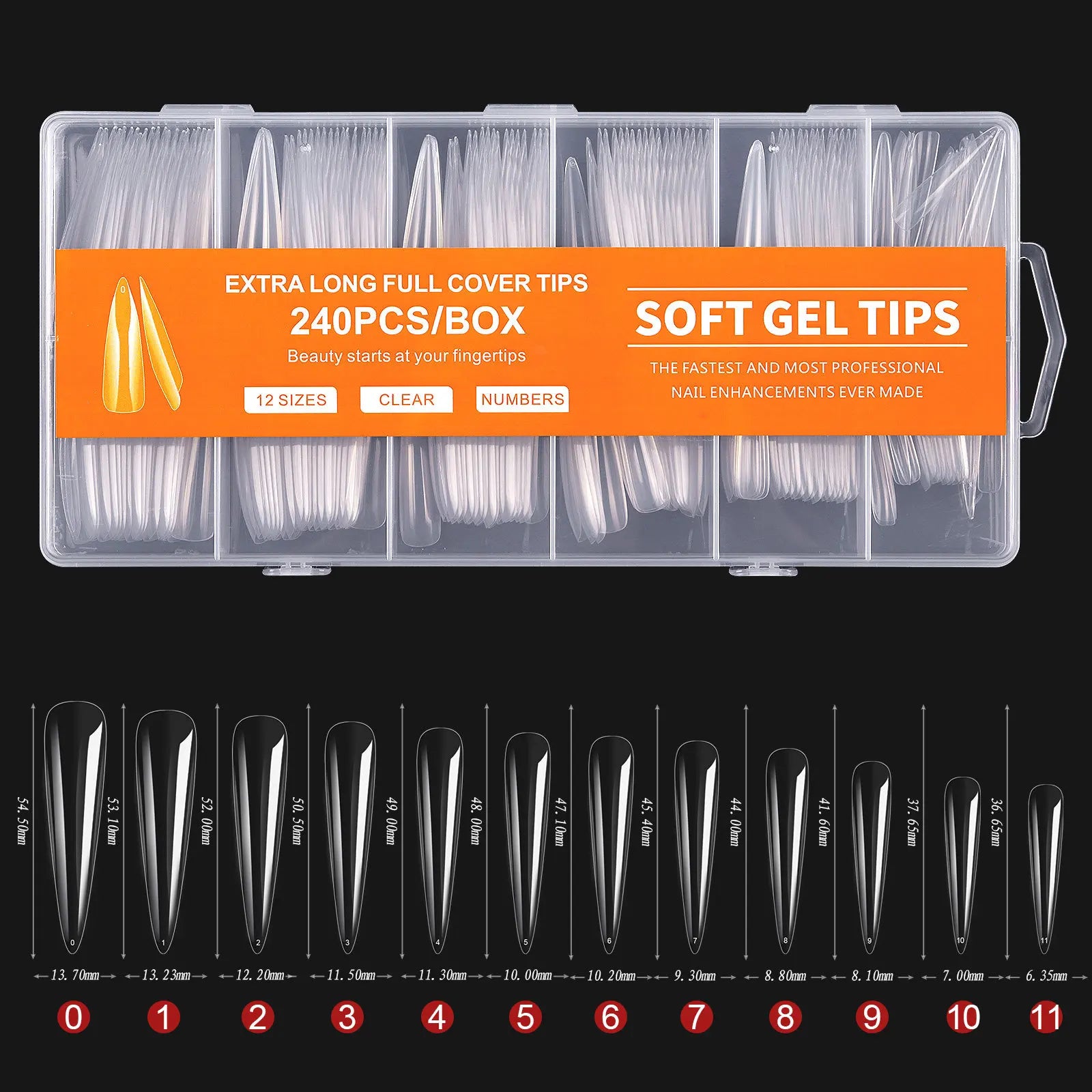 Extra Long Coffin Nail Tips — 240 Piece Clear Acrylic Set, XXXL Length