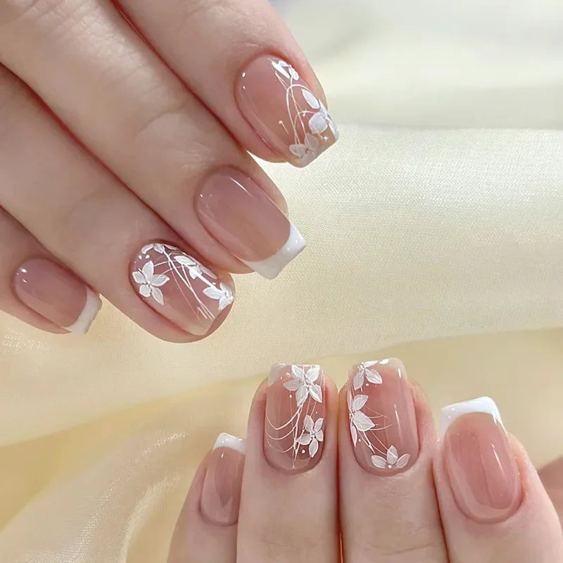 Pink Floral Press-On Nails — Short Almond French Tip Fake Nail Set