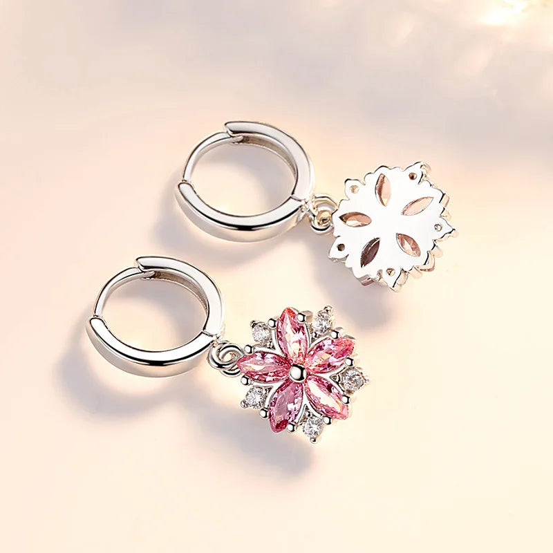 Pink Petal Zircon Jewelry Set — Sterling Silver Ring and Stud Earrings