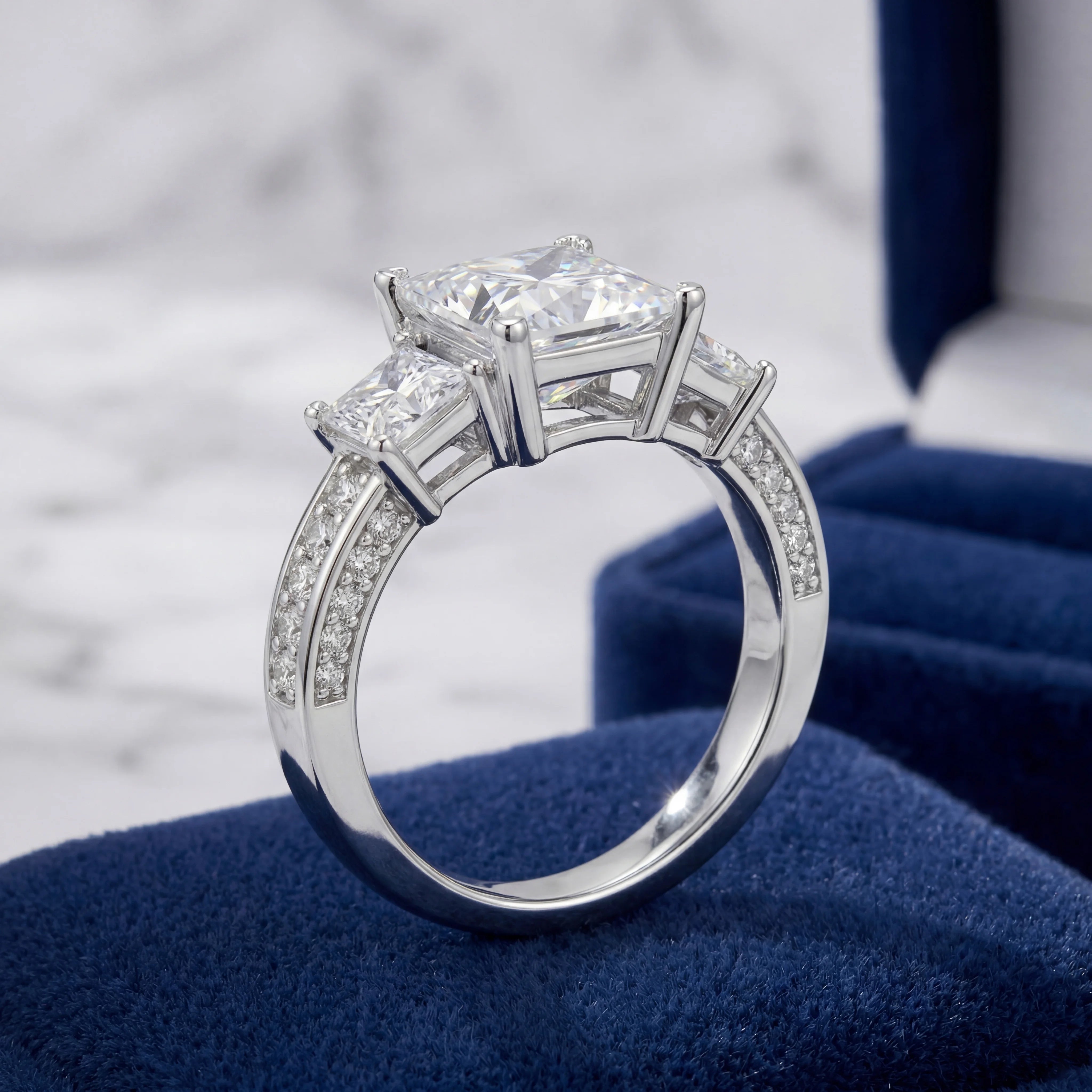 LYEE CYEE Princess Cut Moissanite Ring — Three Stone S925 Silver Wedding Band