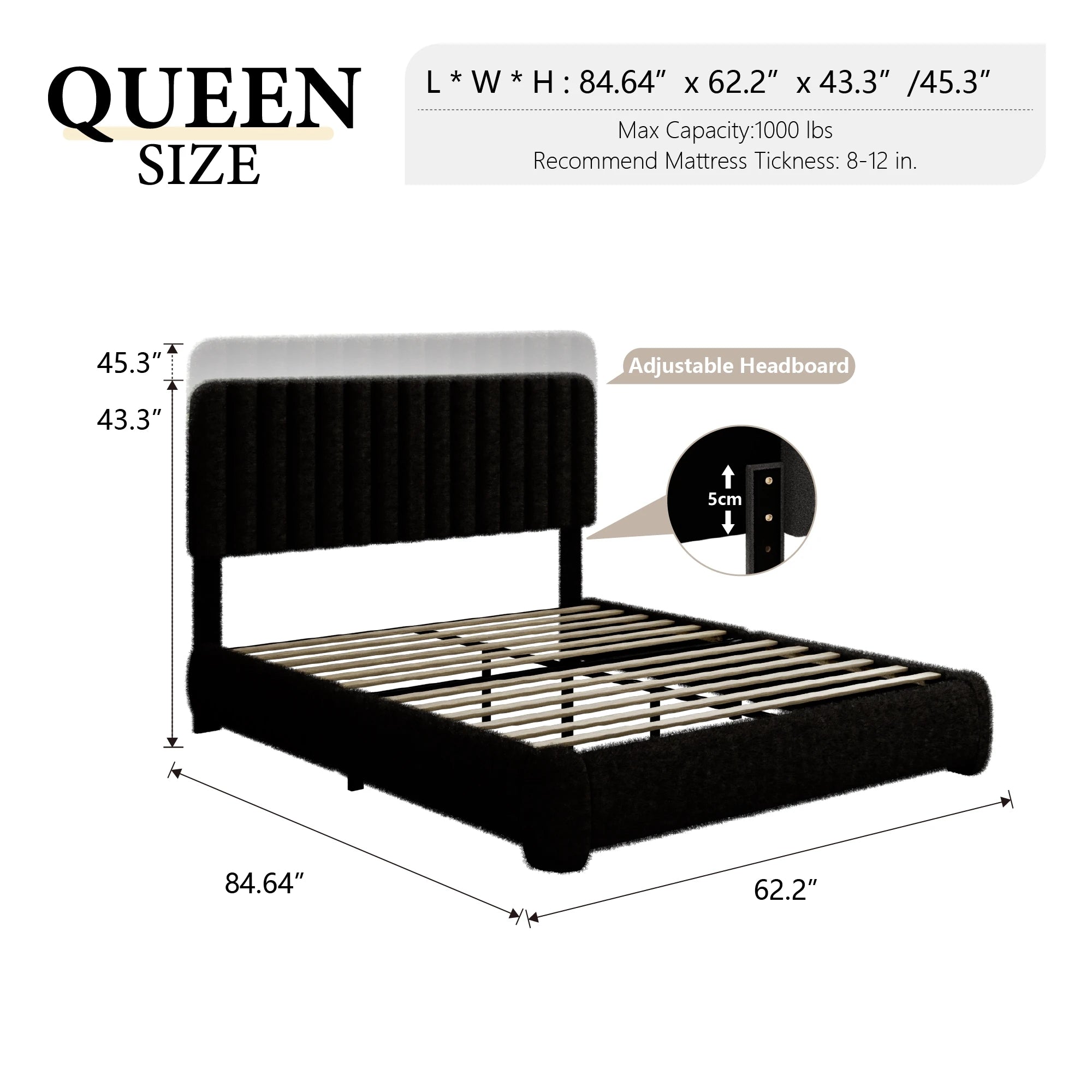 Sismplly Upholstered Boucle Bed Frame — Adjustable Headboard & Noise-Free Design