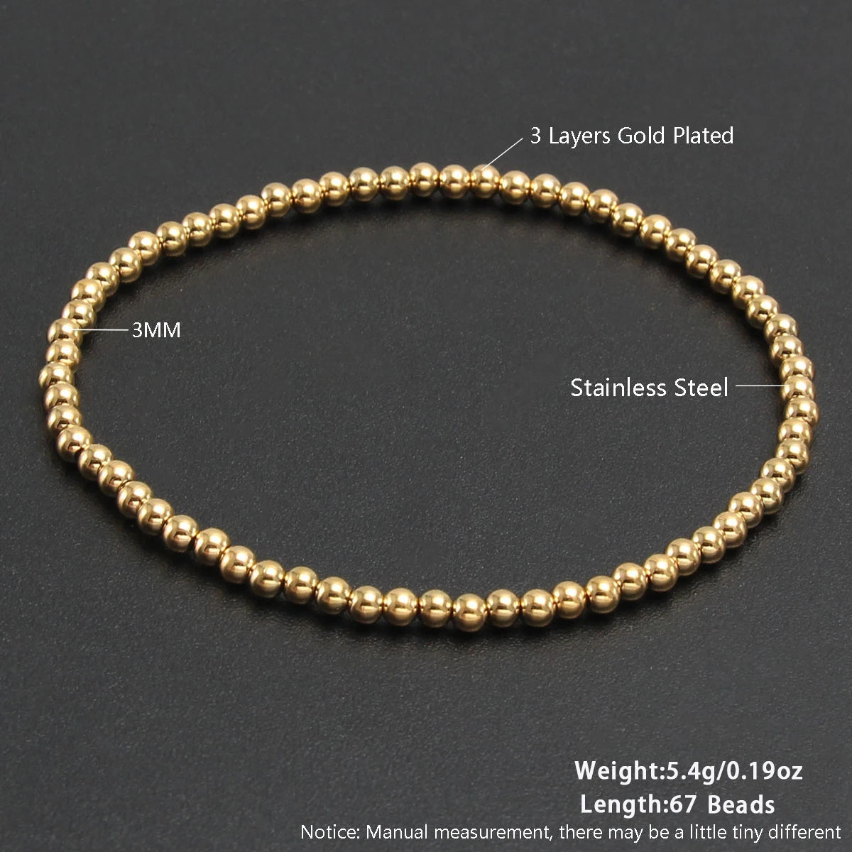 MHS.SUN Stainless Steel Beaded Bracelet — Gold Plated Stackable Jewelry