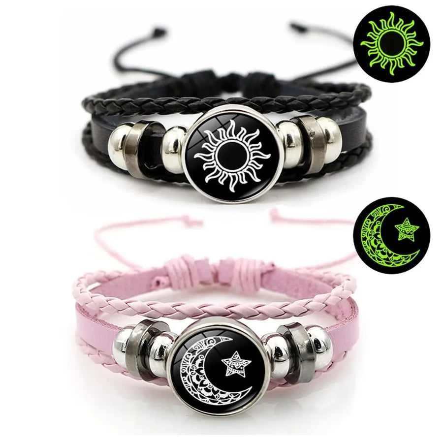 Sun and Moon Leather Bracelet Set — Matching Couple Jewelry with Glow Effect