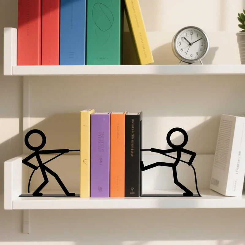Metal Tug Of War People Bookends — Decorative Shelf Stoppers for Home Office