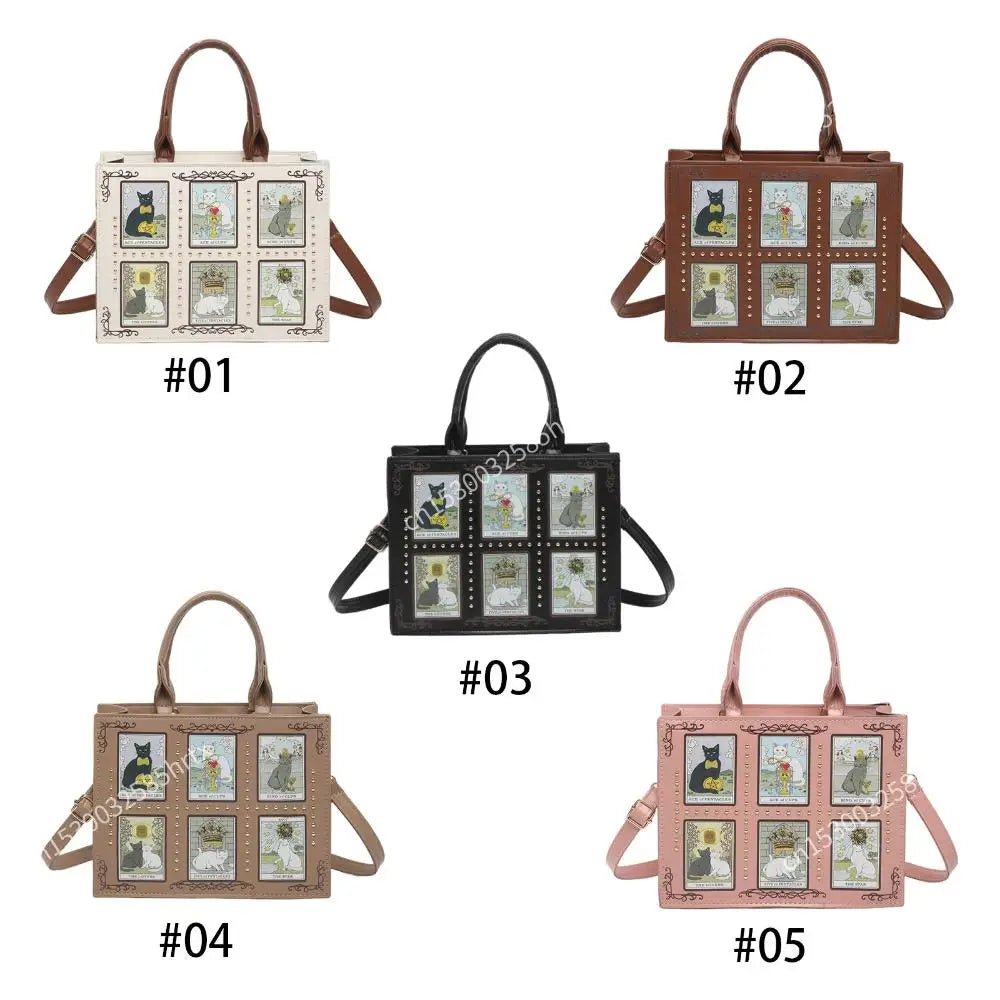 Cat Motif Top-Handle Handbag — Retro PU Leather Crossbody Bag