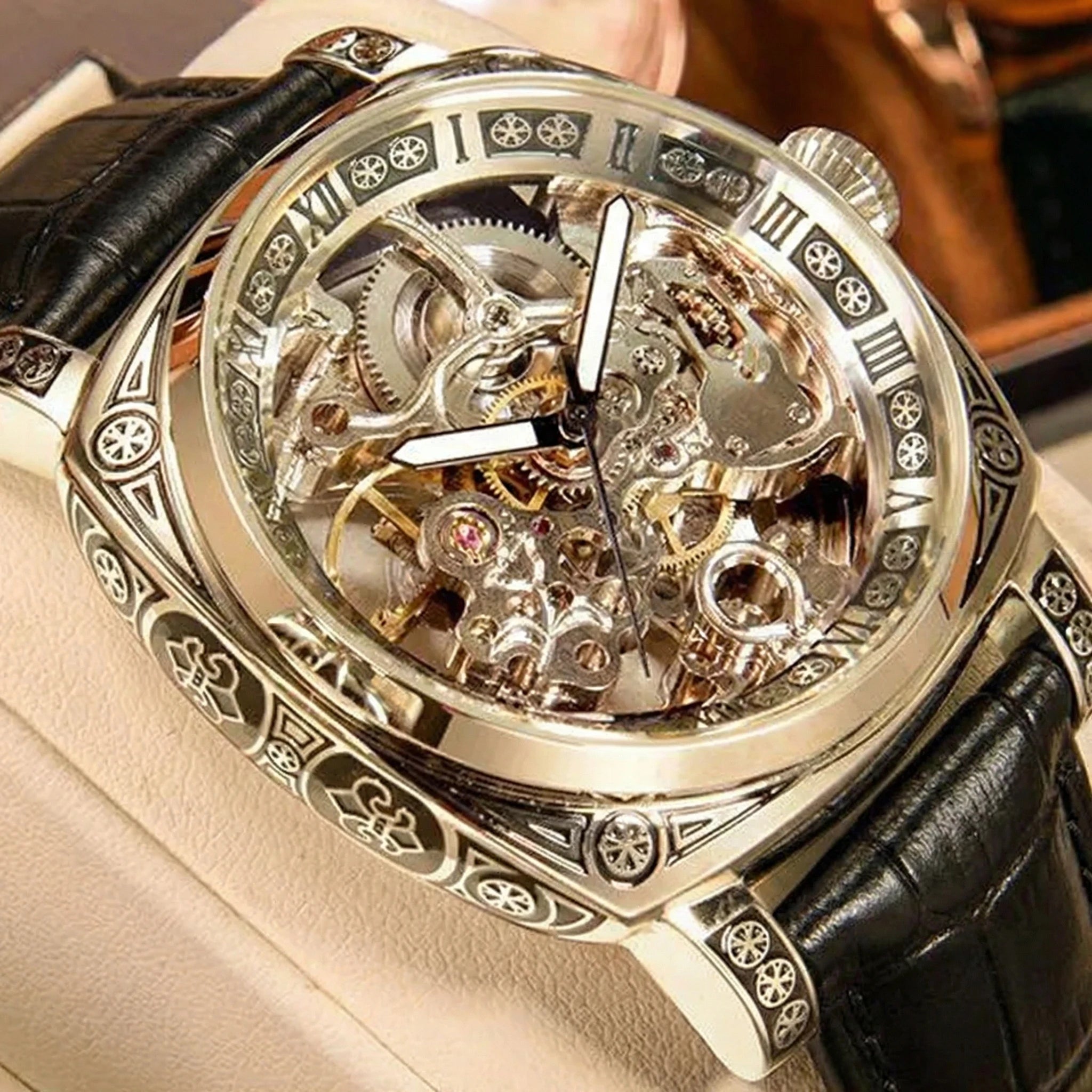 MEIRUIQI Men's Automatic Tourbillon Watch — Luminous Carved Mechanical Timepiece