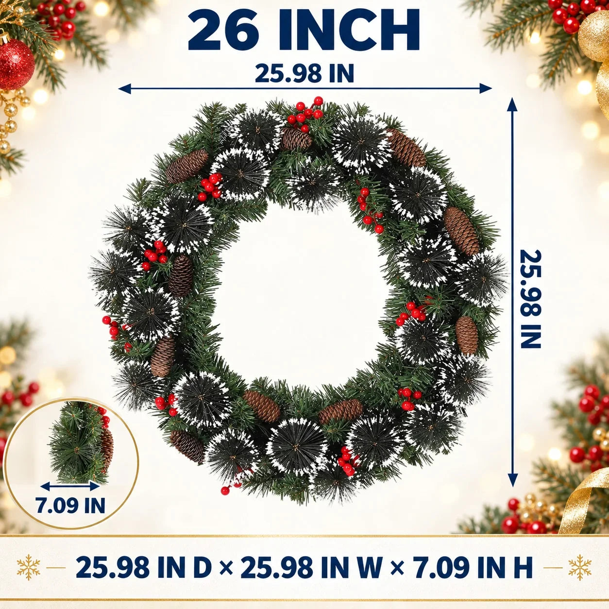 Pre-Lit Artificial Christmas Wreath — Warm White LED Lights & Red Berries