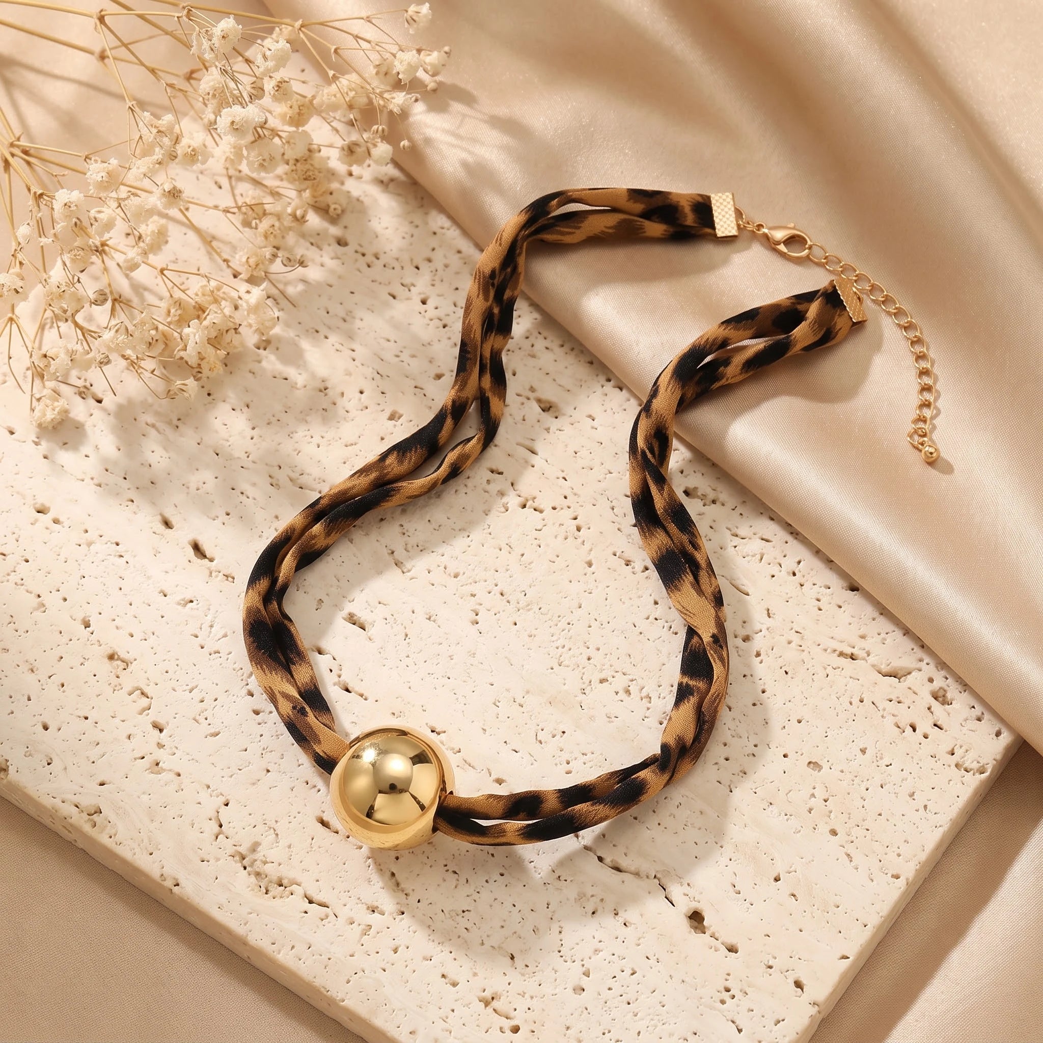 Obega Leopard Print Fabric Choker — Twisted Design with Gold Ball Bead