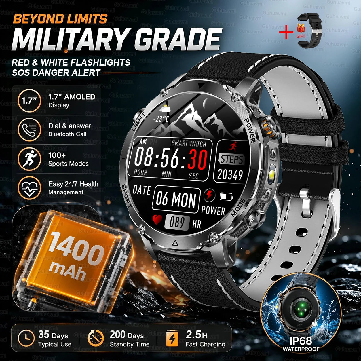 GUHUAVMI Military Smartwatch — 1400mAh Battery with GPS & Flashlight