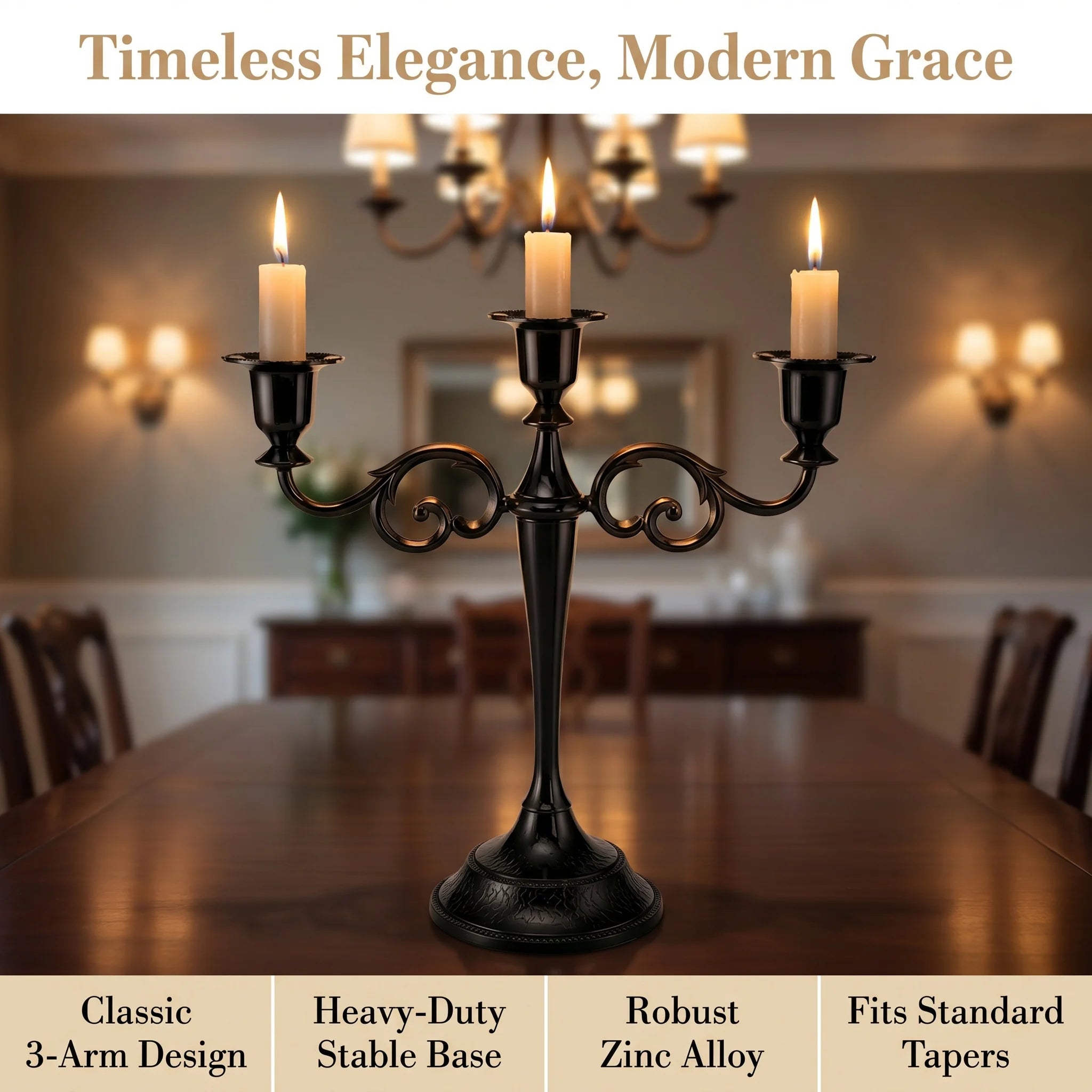 Vintage Scroll 3-Arm Metal Candelabra — Elegant Taper Candle Stand