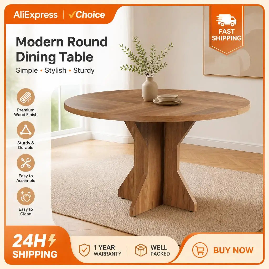 Modern Round Dining Table — Space-Saving 47-Inch Pedestal Design