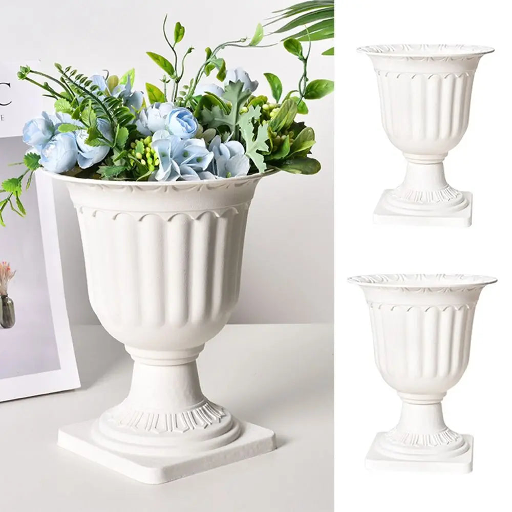 Roman Style Pedestal Flowerpots — Set of 2 White Plastic Planters
