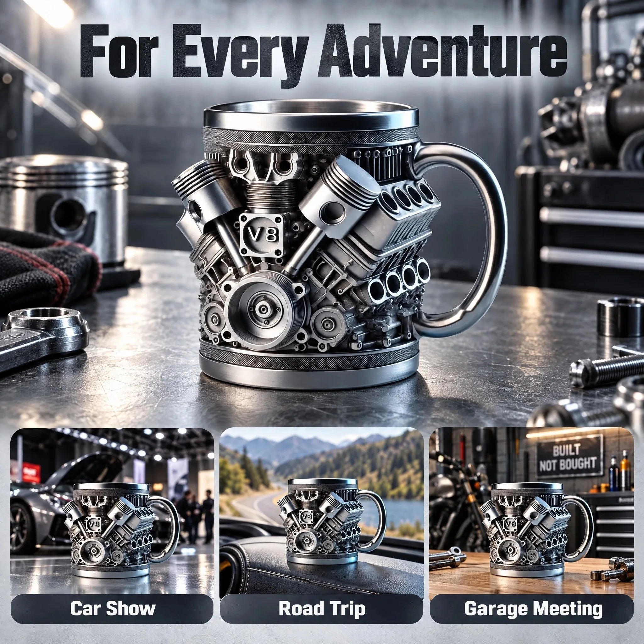 V8 Engine Stainless Steel Coffee Mug — 3D Mechanical Design Water Bottle