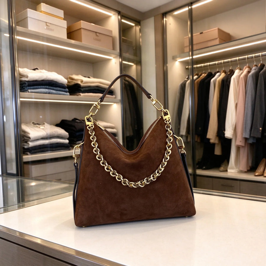 Brown Suede Hobo Shoulder Bag — Elegant Messenger Style with Gold Chain