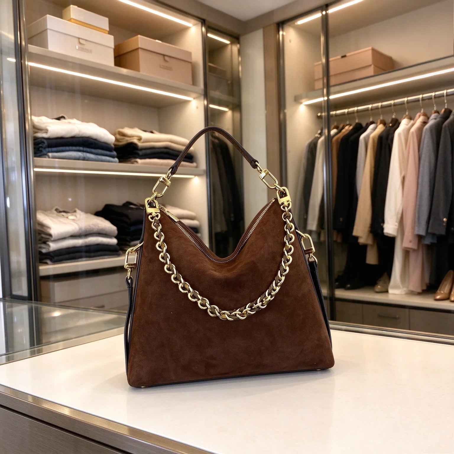 Brown Suede Hobo Shoulder Bag — Elegant Messenger Style with Gold Chain
