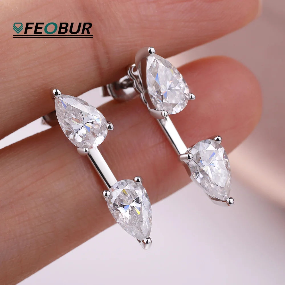 FEOBUR Moissanite Pear Cut Ear Jackets — 925 Sterling Silver Waterdrop Studs