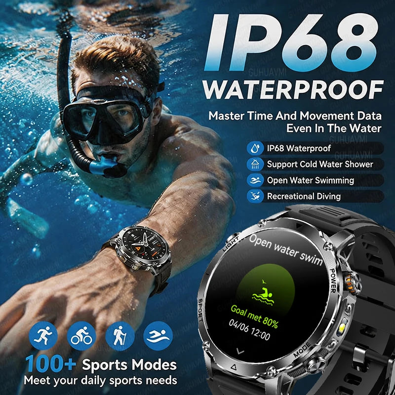 GUHUAVMI Military Smartwatch — 1400mAh Battery with GPS & Flashlight