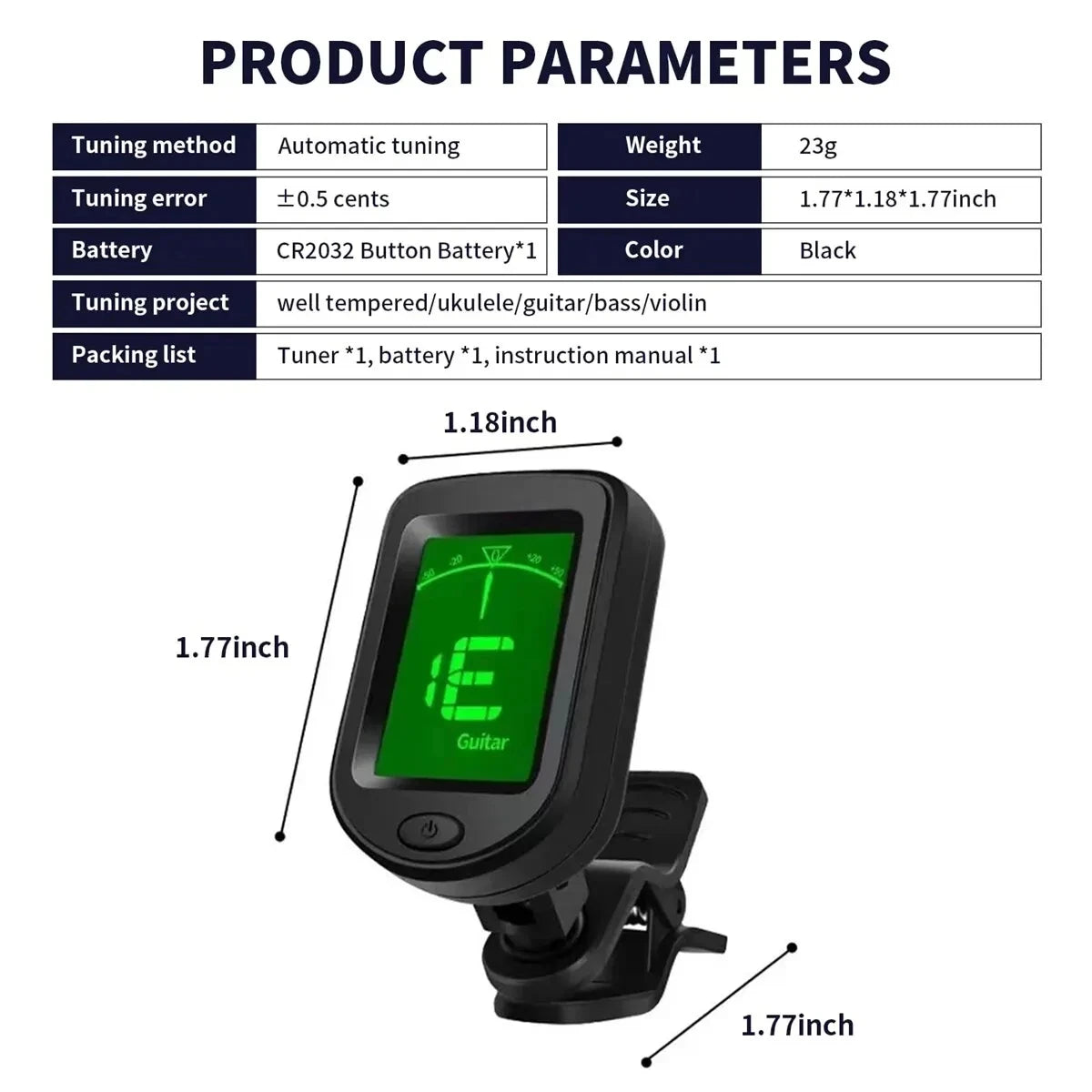 Clip-On Electronic Instrument Tuner — Digital LCD Display for Musicians