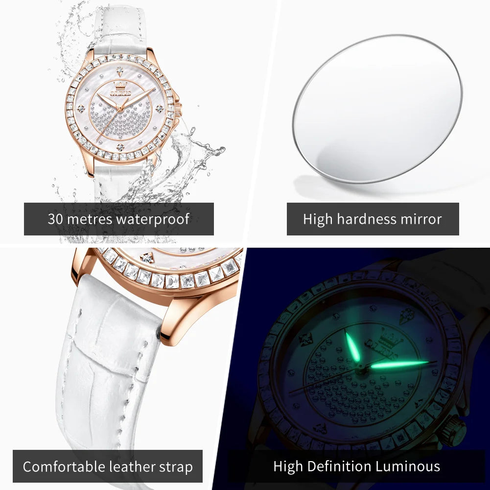 OLEVS Women's Luxury Quartz Watch — Diamond Accents & Leather Strap