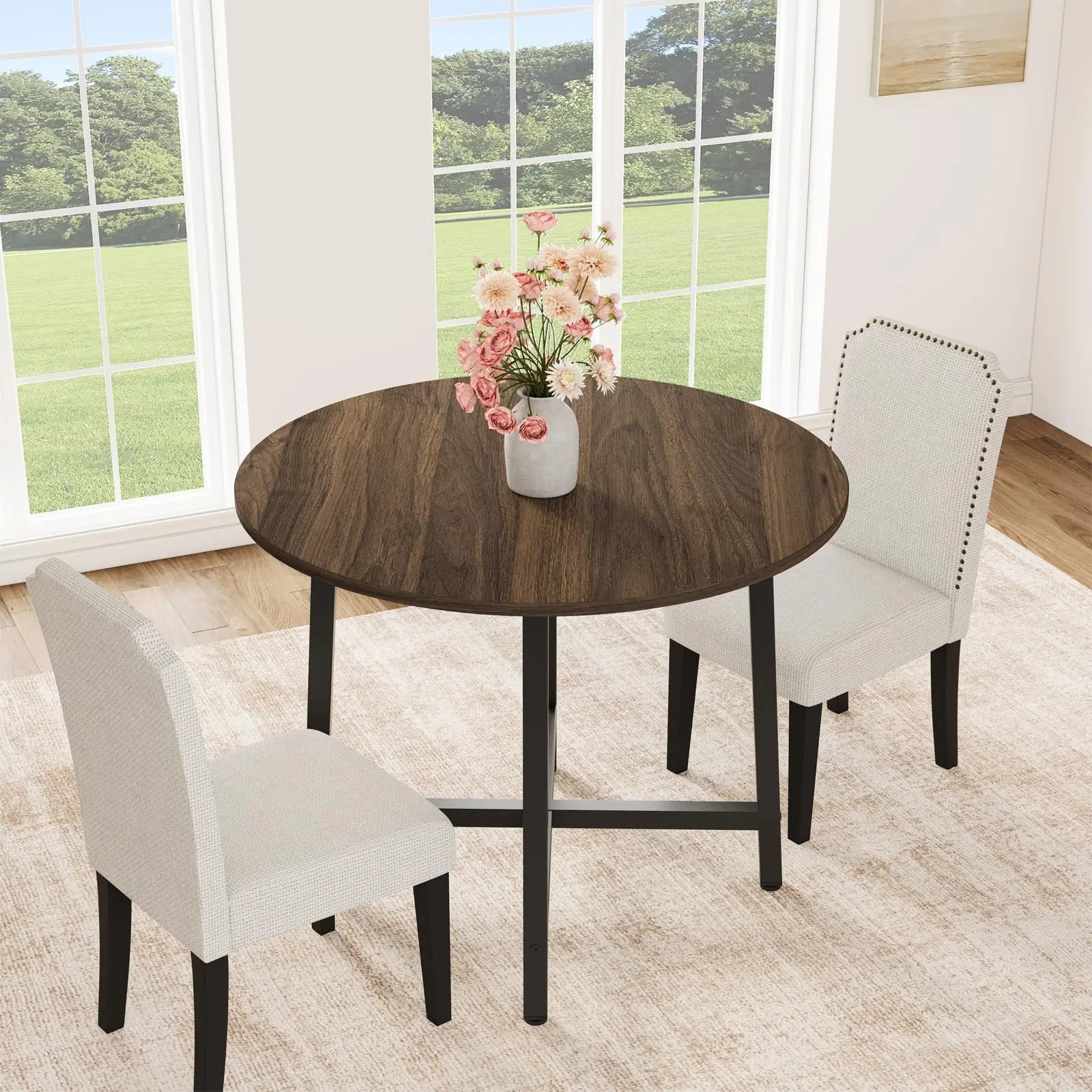 Round Dining Table — Industrial Farmhouse Wood Kitchen Table, Black Walnut Brown