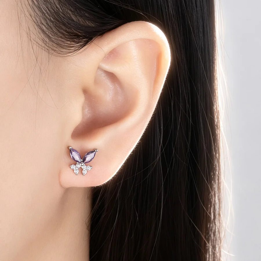 Sterling Silver Butterfly Stud Earrings — Purple Zircon Insect Jewelry