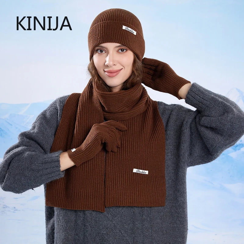 KINIJA Women's Knitted Winter Set — Warm Hat, Scarf, and Gloves Trio