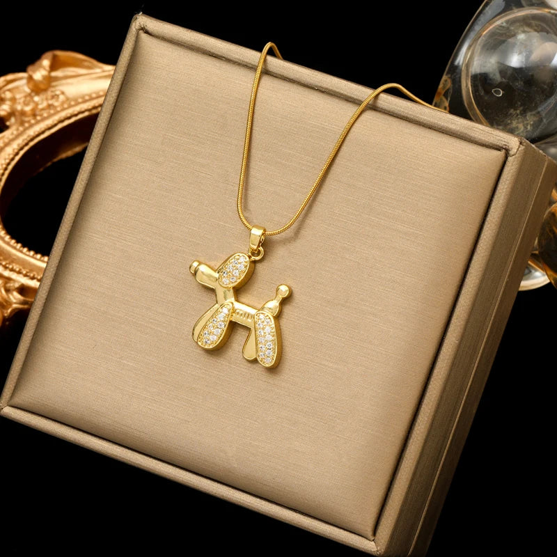 EILIECK Moon Pearl Zircon Puppy Pendant Necklace — Trendy Stainless Steel Jewelry